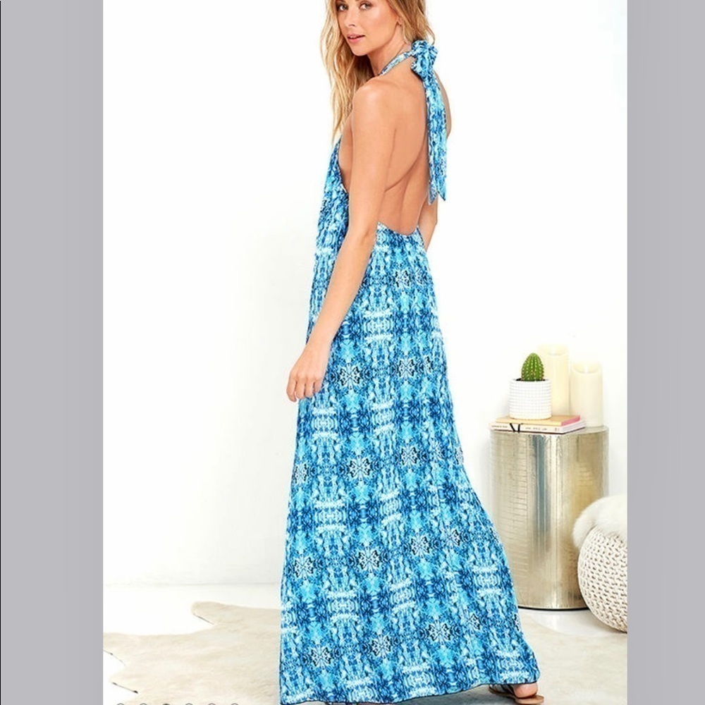 LULU’S Baja Moment Blue open back Halter Maxi Dress Boho beach Tropical size XS - Picture 8 of 10